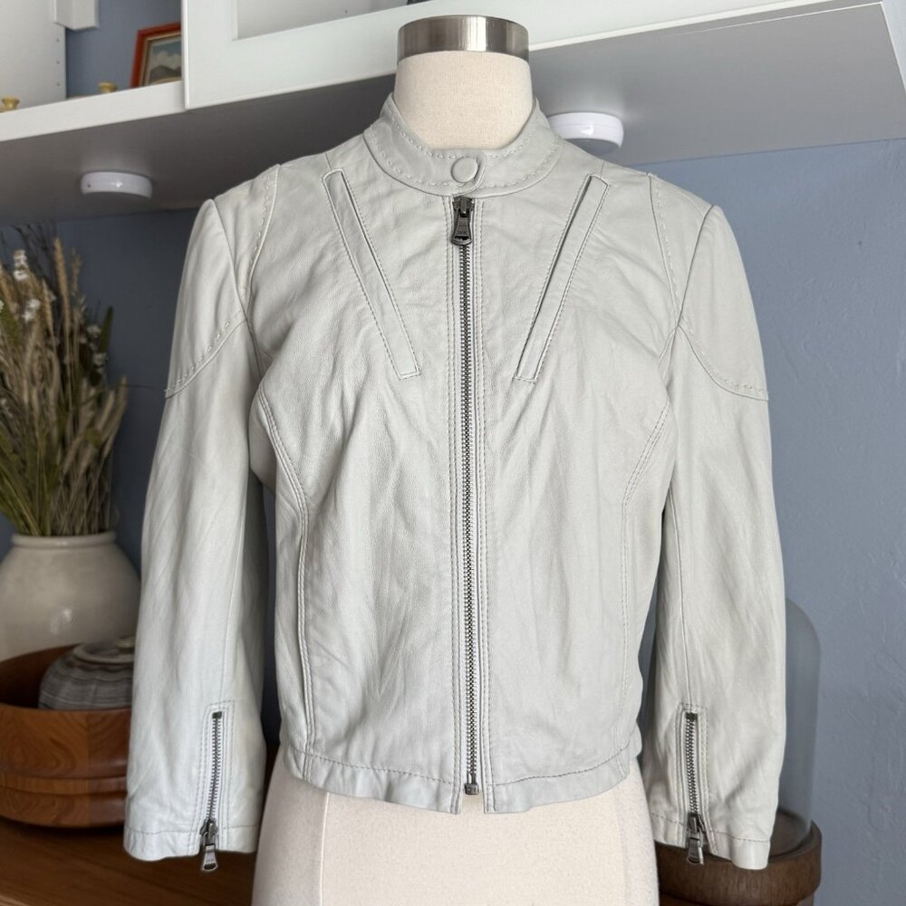 June Soft Lamb Leather Cropped Jacket Zipper Front Moto Pale Sage Blue M Anthro